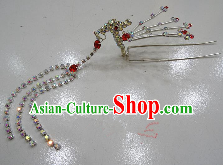 Chinese Traditional Beijing Opera Diva Red Crystal Phoenix Hairpins Princess Tassel Hair Clip Hair Accessories for Adults