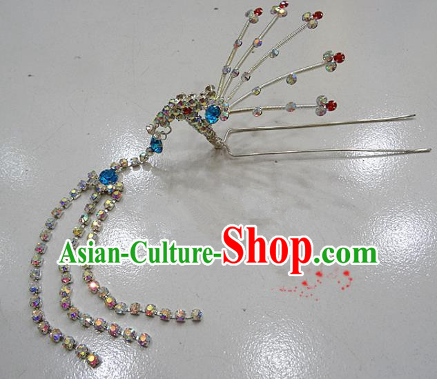 Chinese Traditional Beijing Opera Diva Blue Crystal Phoenix Hairpins Princess Tassel Hair Clip Hair Accessories for Adults