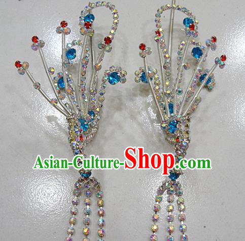 Chinese Traditional Beijing Opera Diva Blue Phoenix Hairpins Princess Crystal Tassel Hair Clip Hair Accessories for Adults