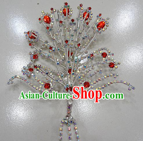 Chinese Traditional Beijing Opera Queen Phoenix Hairpins Princess Red Crystal Tassel Hair Clip for Adults