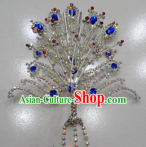 Chinese Traditional Beijing Opera Queen Phoenix Hairpins Princess Royalblue Crystal Tassel Hair Clip for Adults