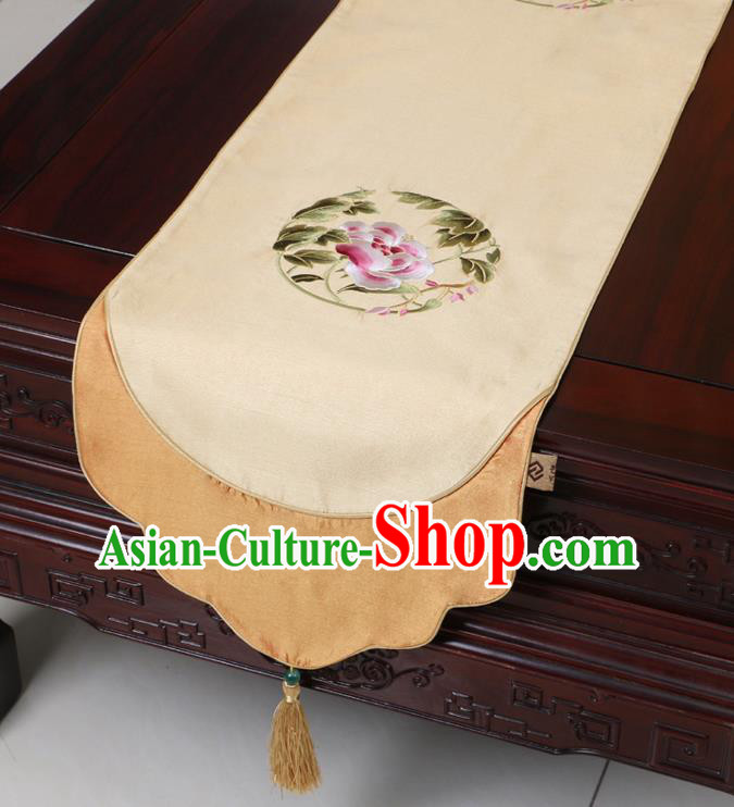 Chinese Traditional Embroidered Peony Beige Brocade Table Cloth Classical Satin Household Ornament Table Flag