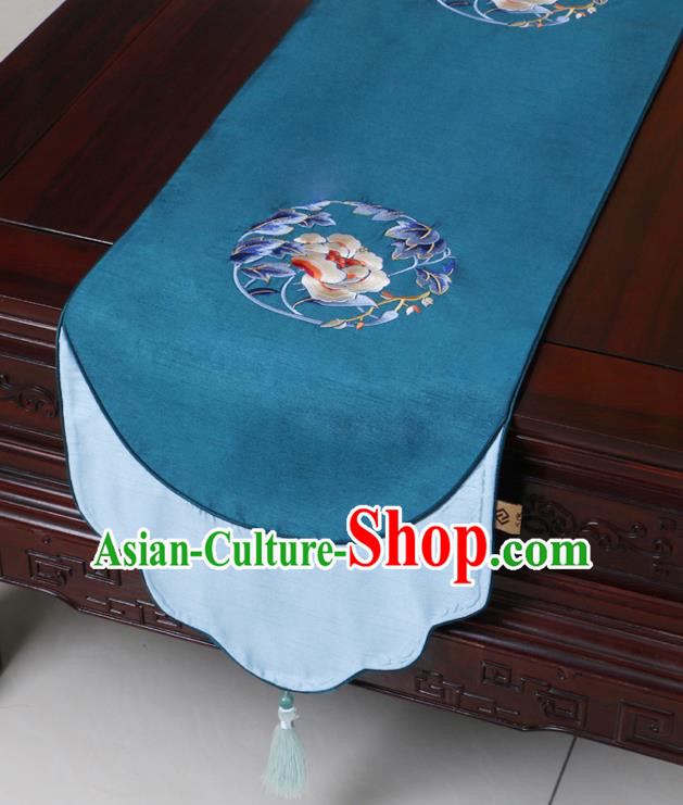 Chinese Traditional Embroidered Peony Blue Brocade Table Cloth Classical Satin Household Ornament Table Flag