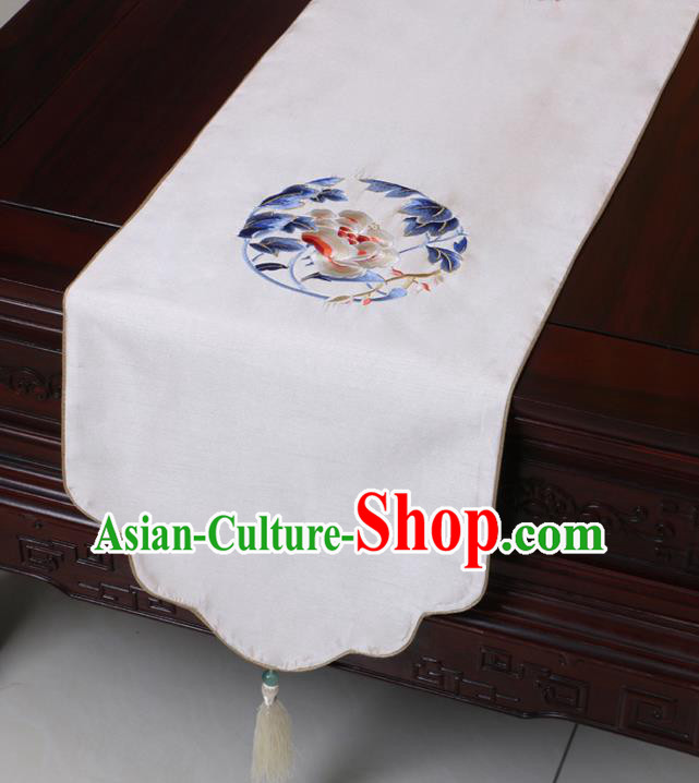 Chinese Traditional Embroidered Peony White Brocade Table Cloth Classical Satin Household Ornament Table Flag