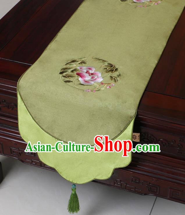 Chinese Traditional Embroidered Peony Olive Green Brocade Table Cloth Classical Satin Household Ornament Table Flag