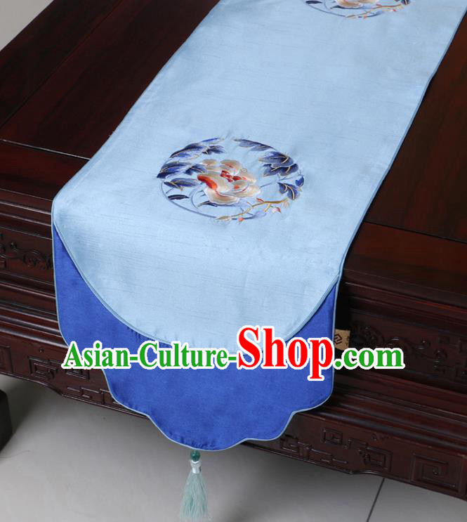 Chinese Traditional Embroidered Peony Blue Brocade Table Cloth Classical Satin Household Ornament Table Flag