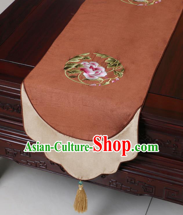 Chinese Traditional Embroidered Peony Brown Brocade Table Cloth Classical Satin Household Ornament Table Flag