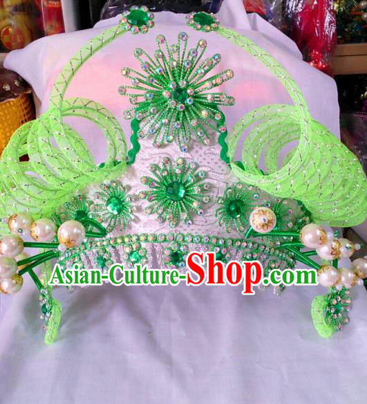 Chinese Traditional Beijing Opera Female Warriors Green Phoenix Coronet Hair Accessories for Adults