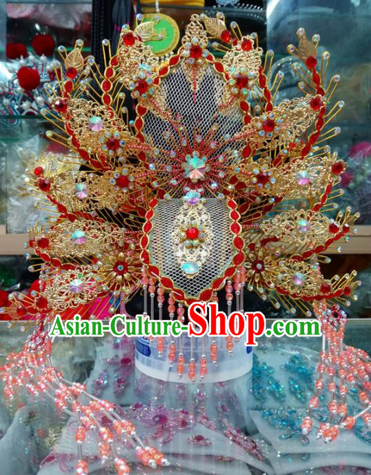 Chinese Traditional Beijing Opera Red Phoenix Coronet Queen Hair Accessories for Adults