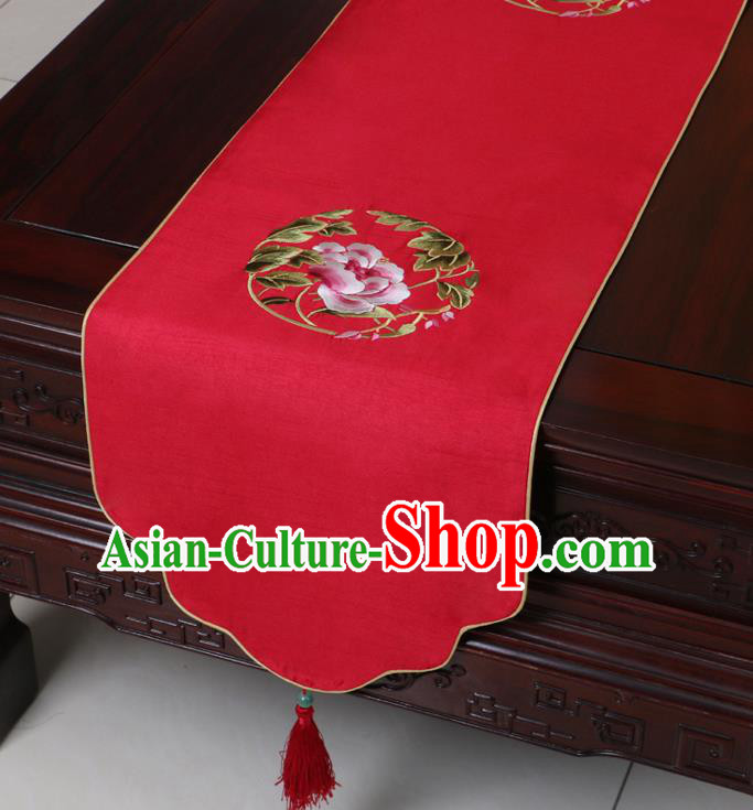 Chinese Traditional Embroidered Peony Red Brocade Table Cloth Classical Satin Household Ornament Table Flag