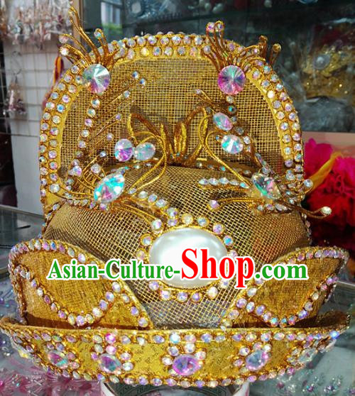 Chinese Traditional Beijing Opera Emperor Golden Hat Peking Opera Headwear for Adults