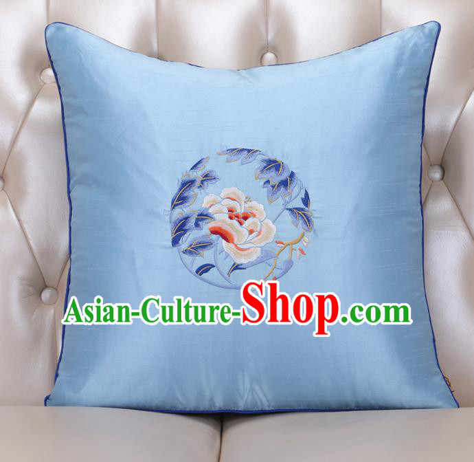 Chinese Traditional Embroidered Peony Blue Brocade Back Cushion Cover Classical Household Ornament