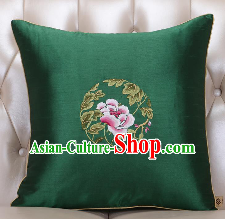 Chinese Traditional Embroidered Peony Green Brocade Back Cushion Cover Classical Household Ornament