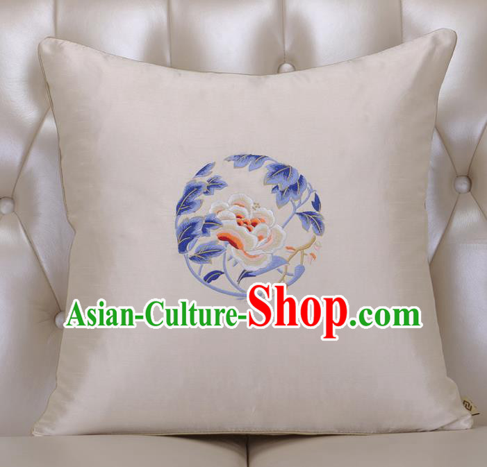 Chinese Traditional Embroidered Peony White Brocade Back Cushion Cover Classical Household Ornament