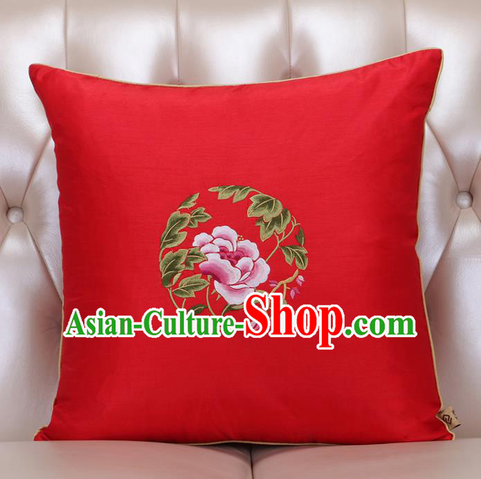 Chinese Traditional Embroidered Peony Red Brocade Back Cushion Cover Classical Household Ornament