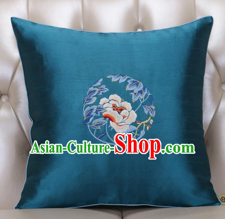 Chinese Traditional Embroidered Peony Peacock Blue Brocade Back Cushion Cover Classical Household Ornament