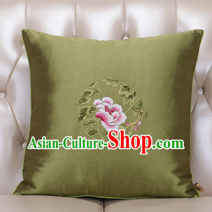 Chinese Traditional Embroidered Peony Olive Green Brocade Back Cushion Cover Classical Household Ornament