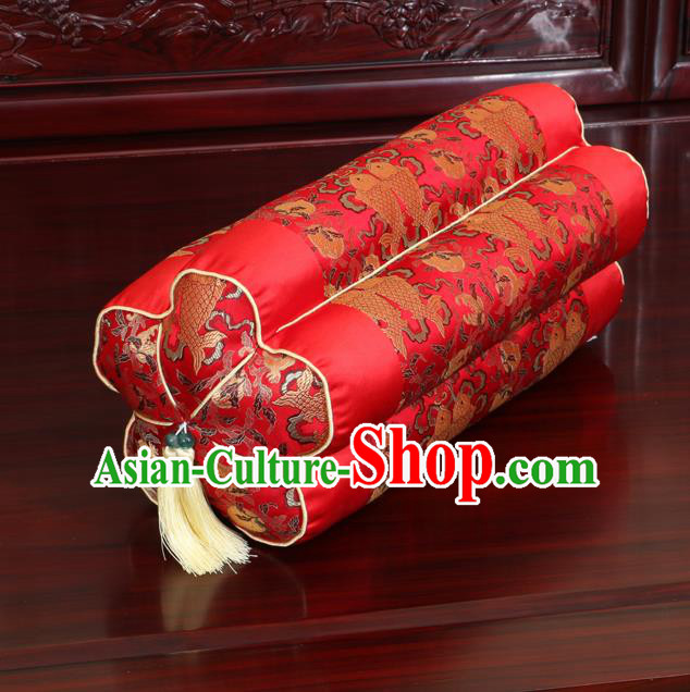 Chinese Traditional Household Accessories Classical Fishes Pattern Red Brocade Plum Blossom Pillow