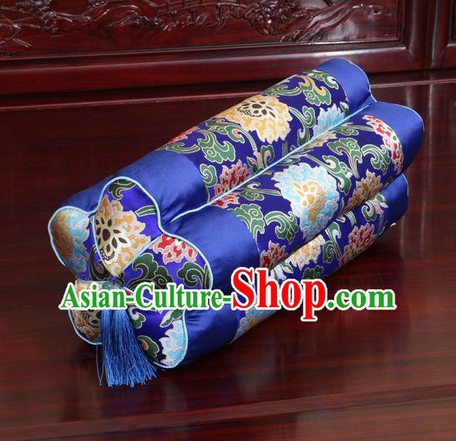 Chinese Traditional Household Accessories Classical Lotus Pattern Royalblue Brocade Plum Blossom Pillow