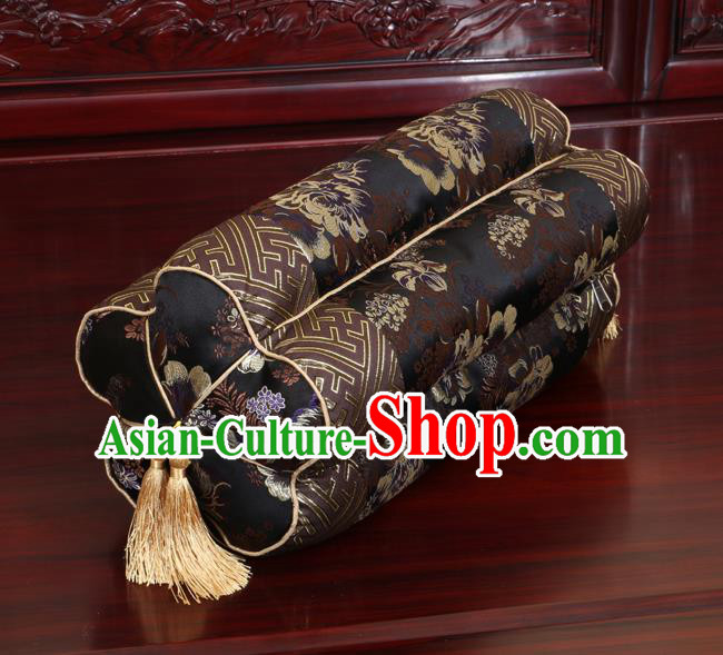 Chinese Traditional Household Accessories Classical Peony Pattern Black Brocade Plum Blossom Pillow