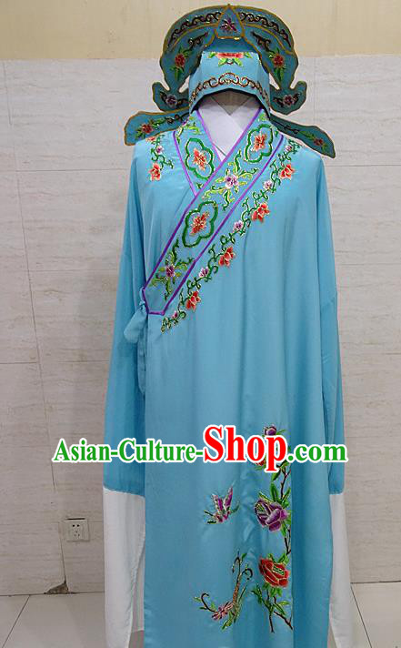 Professional Chinese Beijing Opera Niche Embroidered Peony Blue Robe Traditional Peking Opera Scholar Costume for Adults