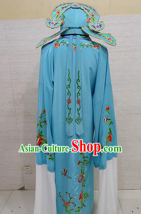 Professional Chinese Beijing Opera Niche Embroidered Peony Blue Robe Traditional Peking Opera Scholar Costume for Adults