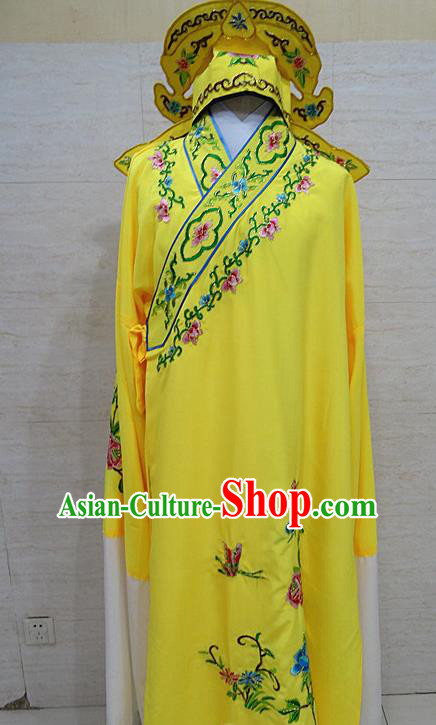 Professional Chinese Beijing Opera Niche Embroidered Peony Yellow Robe Traditional Peking Opera Scholar Costume for Adults