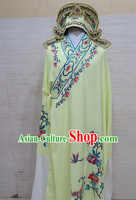 Professional Chinese Beijing Opera Niche Embroidered Peony Light Yellow Robe Traditional Peking Opera Scholar Costume for Adults