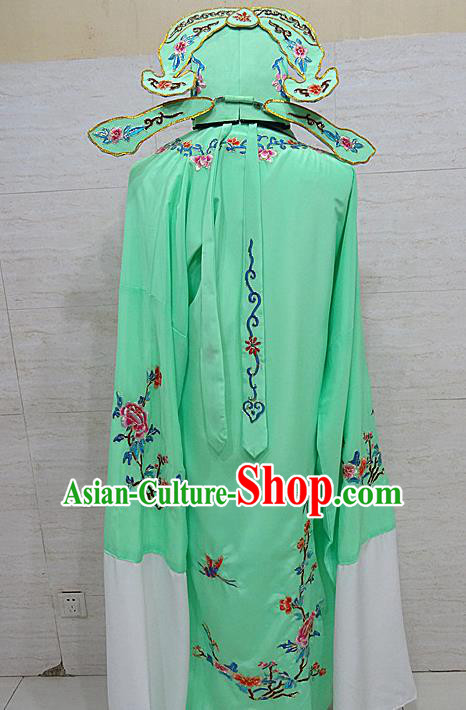 Professional Chinese Beijing Opera Niche Embroidered Peony Green Robe Traditional Peking Opera Scholar Costume for Adults