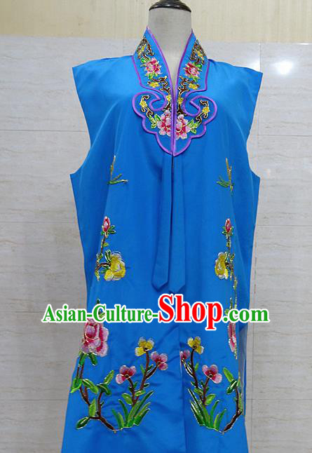 Chinese Traditional Beijing Opera Maidservants Royalblue Embroidered Peony Waistcoat Peking Opera Costume for Adults