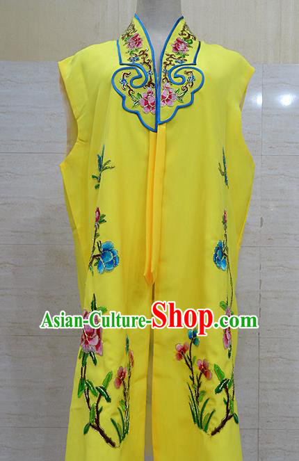 Chinese Traditional Beijing Opera Maidservants Yellow Embroidered Peony Waistcoat Peking Opera Costume for Adults