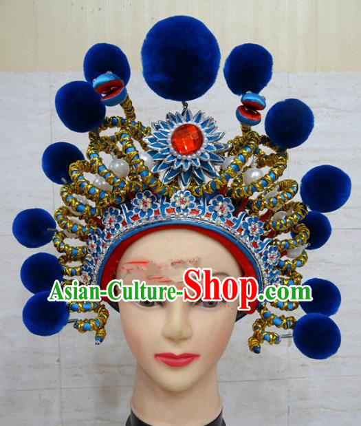 Chinese Traditional Beijing Opera Female Swordsman Hair Accessories Warriors Blue Helmet for Adults
