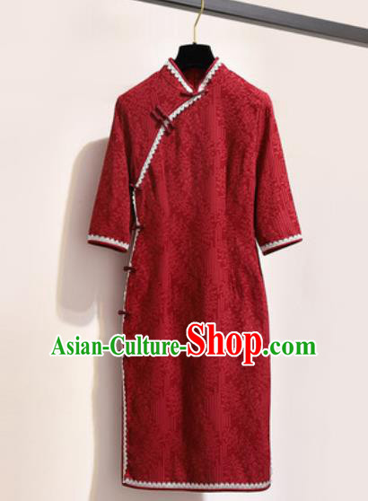 Chinese Traditional Tang Suit Costume Wine Red Qipao Dress Cheongsam for Women