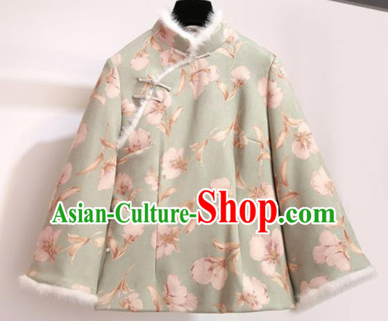 Chinese Traditional Costume Tang Suit Green Cotton Wadded Jacket Cheongsam Upper Outer Garment for Women