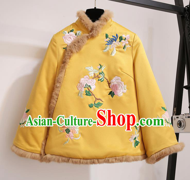 Chinese Traditional Costume Tang Suit Yellow Cotton Wadded Jacket Cheongsam Upper Outer Garment for Women