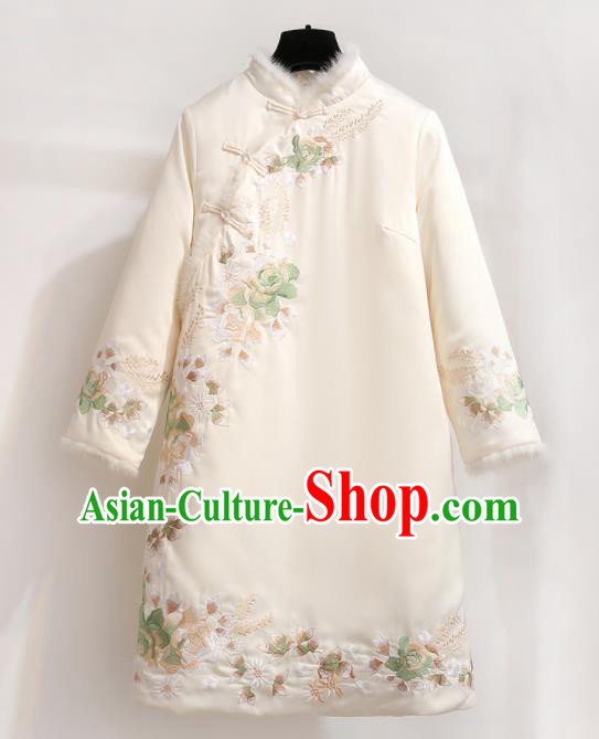 Chinese Traditional Tang Suit Costume White Cotton Wadded Qipao Dress Cheongsam for Women