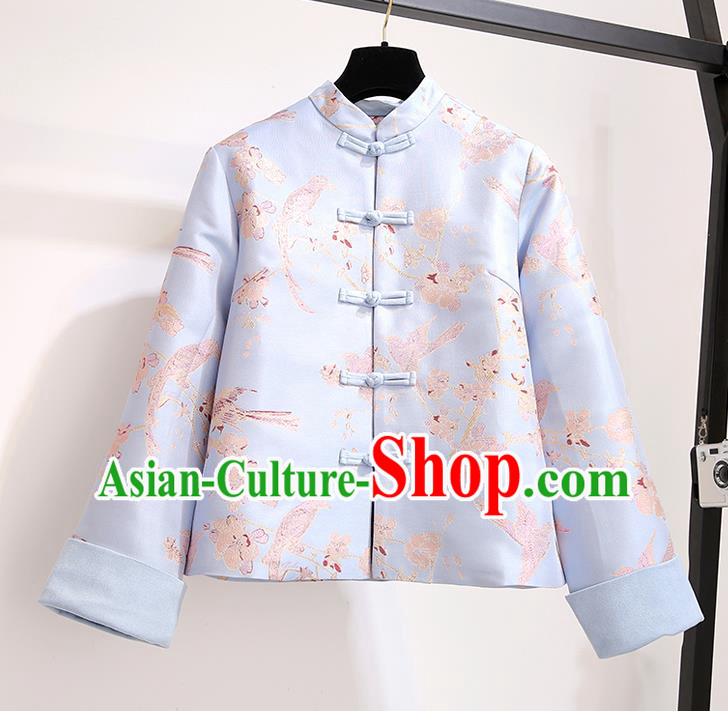 Chinese Traditional Costume Tang Suit Blue Jacket Cheongsam Upper Outer Garment for Women