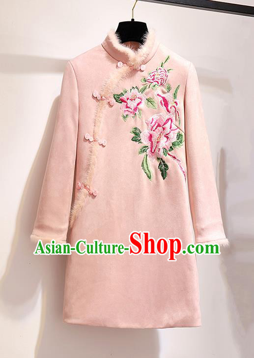 Chinese Traditional Tang Suit Costume Embroidered Peony Pink Cotton Wadded Qipao Dress Cheongsam for Women