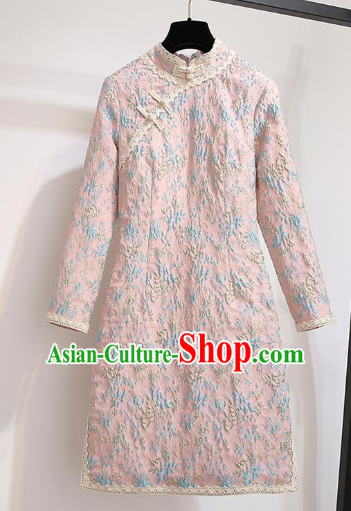 Chinese Traditional Tang Suit Costume Embroidered Pink Cotton Wadded Qipao Dress Cheongsam for Women