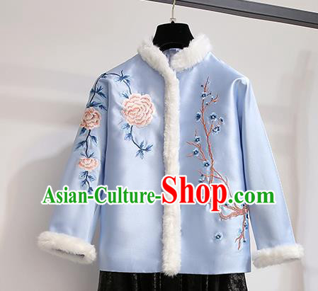 Chinese Traditional Costume Tang Suit Blue Silk Qipao Blouse Cheongsam Upper Outer Garment for Women