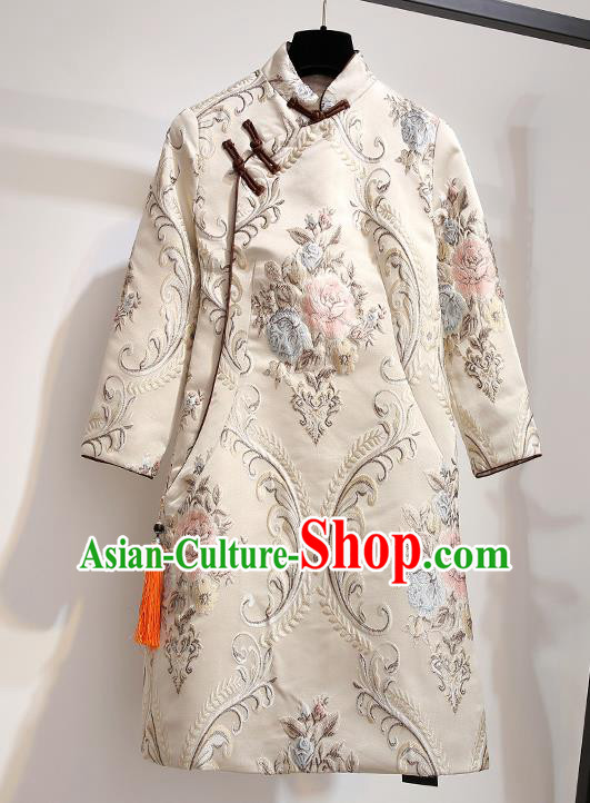 Chinese Traditional Costume Tang Suit Qipao Dress Beige Cheongsam for Women