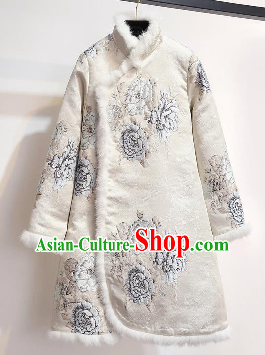 Chinese Traditional Costume Tang Suit Qipao Dress Embroidered Peony White Cheongsam for Women