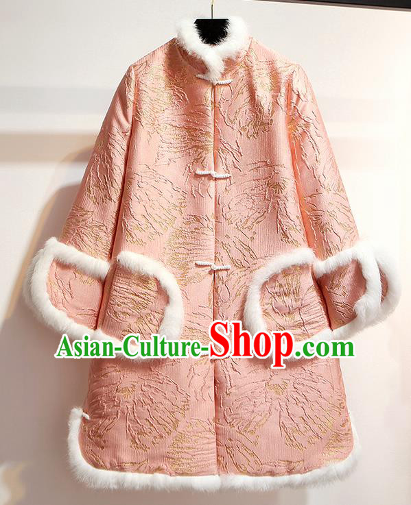 Chinese Traditional Costume Tang Suit Pink Dust Coat Cheongsam Upper Outer Garment for Women