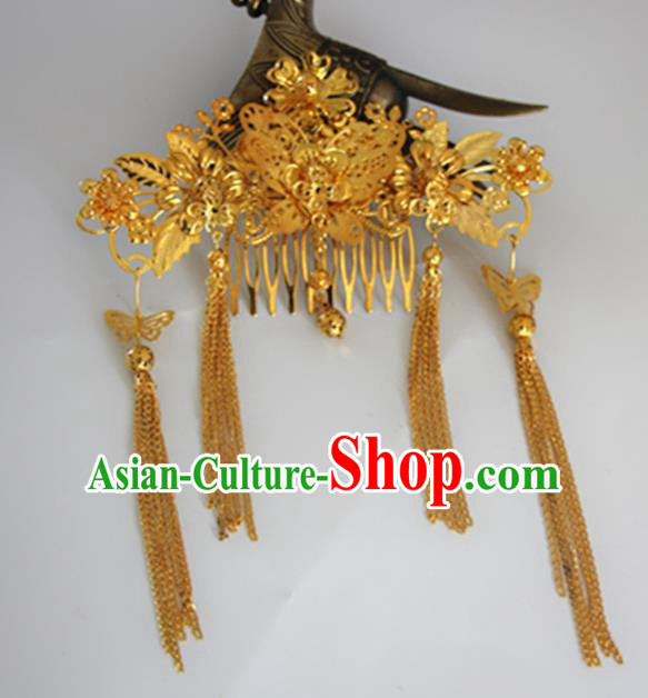 Chinese Traditional Wedding Hair Accessories Ancient Princess Golden Butterfly Tassel Hair Comb for Women