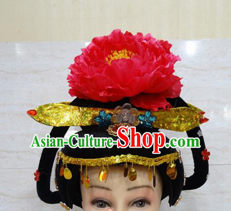 Chinese Traditional Beijing Opera Actress Hair Accessories Ancient Queen Red Peony Hairpins and Wigs for Adults