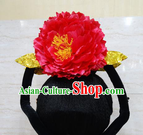 Chinese Traditional Beijing Opera Actress Hair Accessories Ancient Queen Red Peony Hairpins and Wigs for Adults