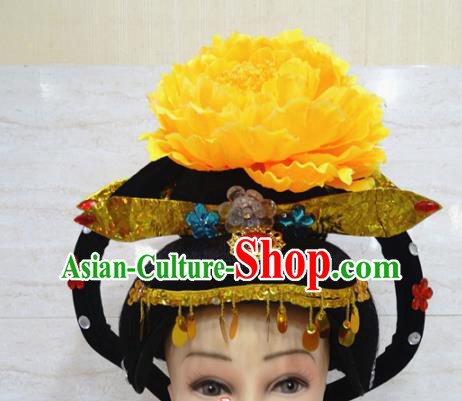 Chinese Traditional Beijing Opera Actress Hair Accessories Ancient Queen Yellow Peony Hairpins and Wigs for Adults