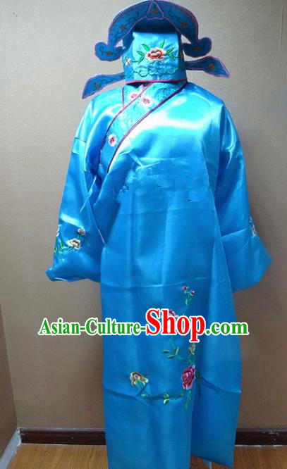 Professional Chinese Traditional Beijing Opera Niche Blue Robe Ancient Scholar Embroidered Peony Costume for Adults