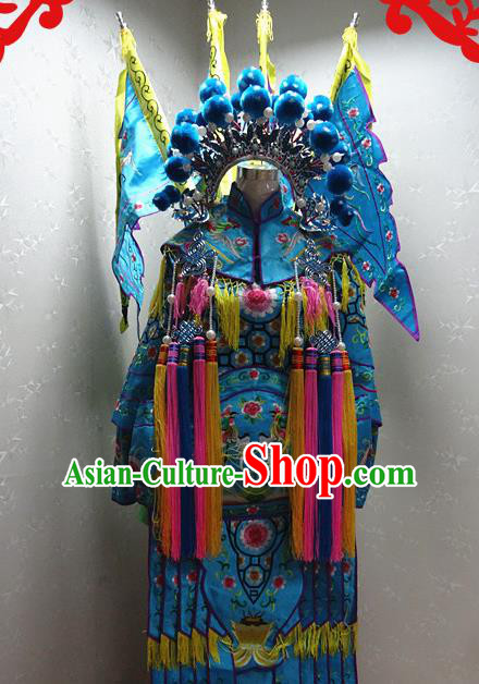 Chinese Traditional Beijing Opera Female General Blue Embroidered Clothing Peking Opera Mu Guiying Costume for Adults