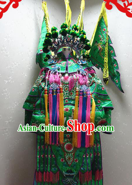 Chinese Traditional Beijing Opera Female General Green Embroidered Clothing Peking Opera Mu Guiying Costume for Adults